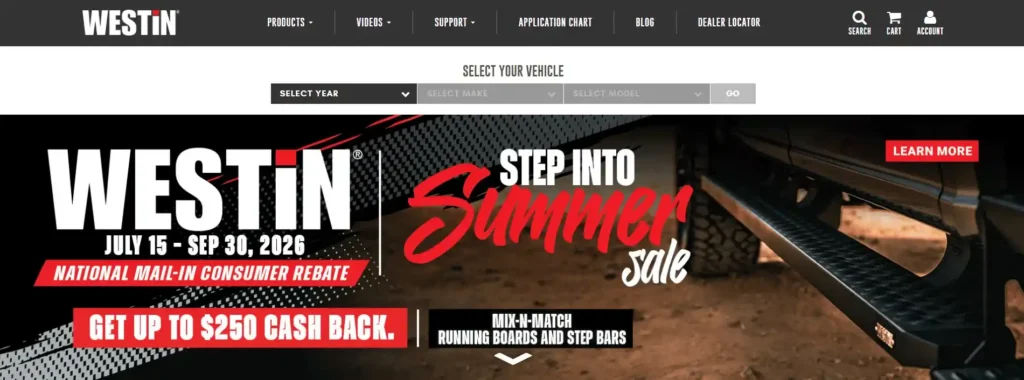 Westin Automotive website banner promoting a summer sale with up to $250 cash back on running boards and step bars, featuring a truck with deployed steps. A trusted name among Electric Running Boards Manufacturers.