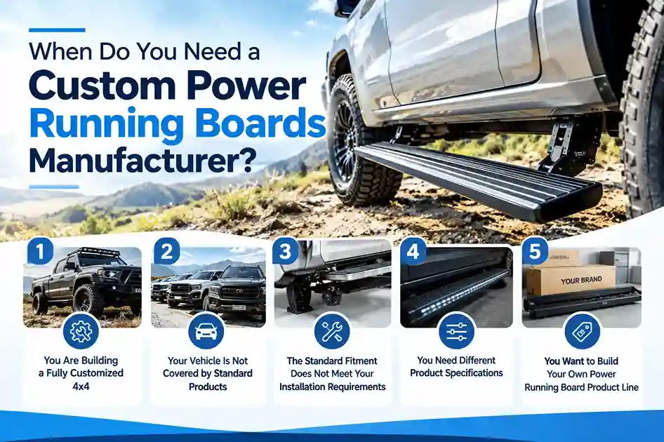 When Do You Need a Custom Power Running Boards Manufacturer? Five scenarios: 1. Building a fully customized 4x4, 2. Your vehicle is not covered by standard products, 3. Standard fitment does not meet installation requirements, 4. You need different product specifications, 5. You want to build your own power running board product line.