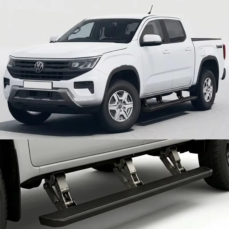 A white pickup truck fitted with AMAROK electric side steps. Bottom: A close-up view of the deployed AMOROK electric side steps and motorized linkage mechanism.