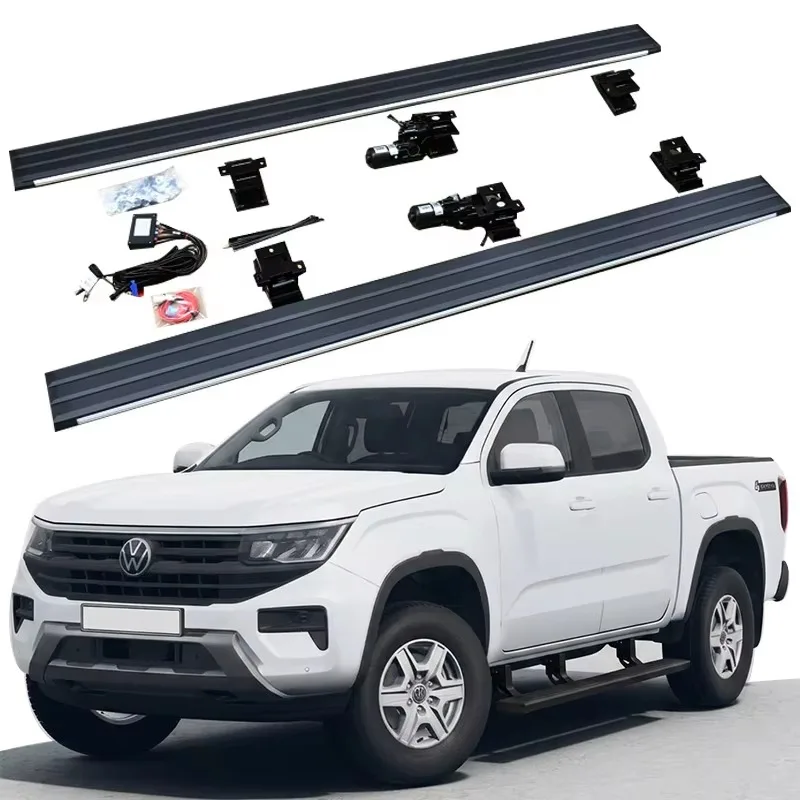 A complete product kit of AMAROK electric side steps displayed above a white pickup truck, including running boards, motors, mounting brackets, and wiring harness.