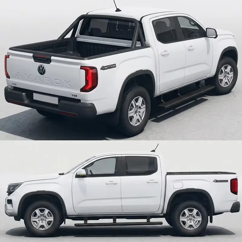 Dual view of a white pickup featuring AMAROK electric side steps, showing both the rear tailgate and side profile of the vehicle.