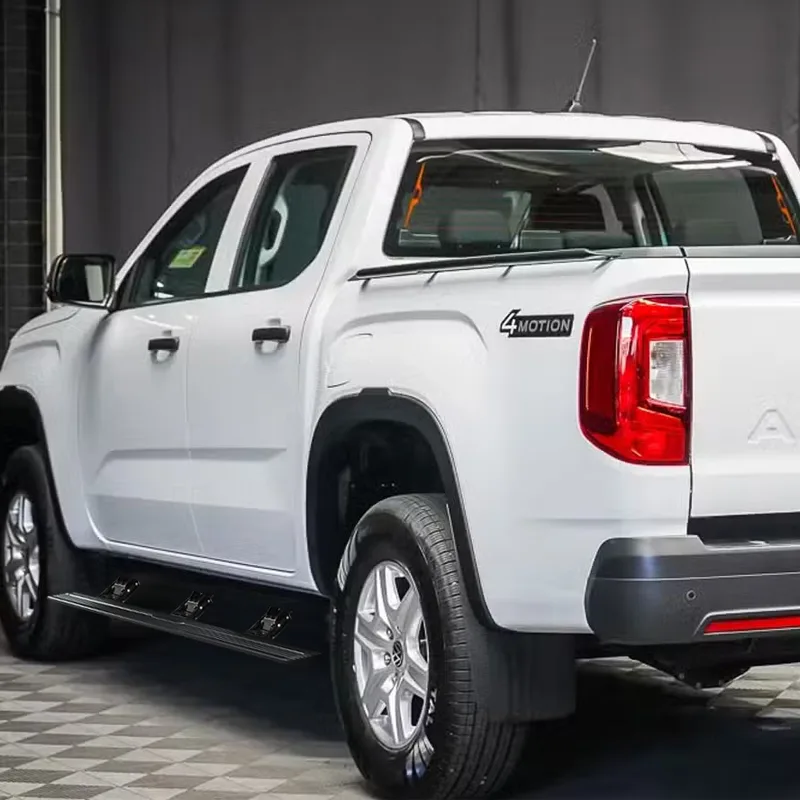 Rear side view of a white pickup truck featuring extended AMAROK electric side steps, showing the 4MOTION badge and red taillight.