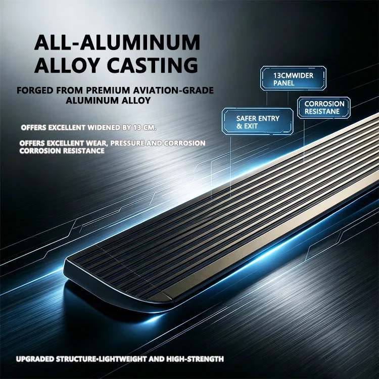 Infographic detailing the premium aviation-grade all-aluminum alloy casting and 13cm wider panel of the Mercedes-Benz ML Electric Running Boards for enhanced corrosion resistance.