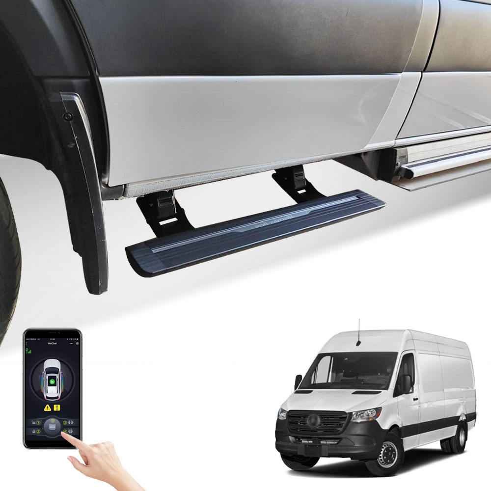 Close-up view of a deployed Mercedes-Benz Sprinter Electric Running Board on a silver van, featuring a smartphone app control interface and a white Sprinter van in the background.