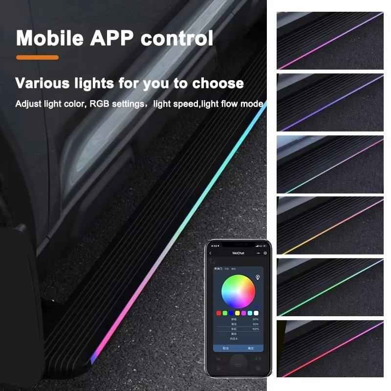 Feature graphic showing the mobile app control interface for adjusting RGB colors, light speed, and flow modes on Mercedes-Benz V-Class Electric Running Boards.