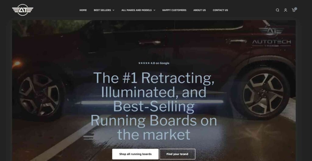 AutoTech Trends homepage showcasing illuminated retracting running boards on a vehicle with text "The #1 Retracting, Illuminated, and Best-Selling Running Boards on the market" - Mercedes Electric Running Boards suppliers.