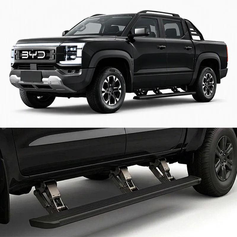Black BYD Shark 6 pickup truck showing the front side view with deployed electric side steps, paired with a close-up of the extended running board and heavy-duty hinge mechanism.