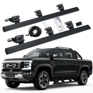 Complete hardware kit for BYD Shark 6 Electric Side Steps, including two running boards, dual motors, mounting brackets, wiring harness, and manual, displayed above a black BYD Shark 6 pickup truck.