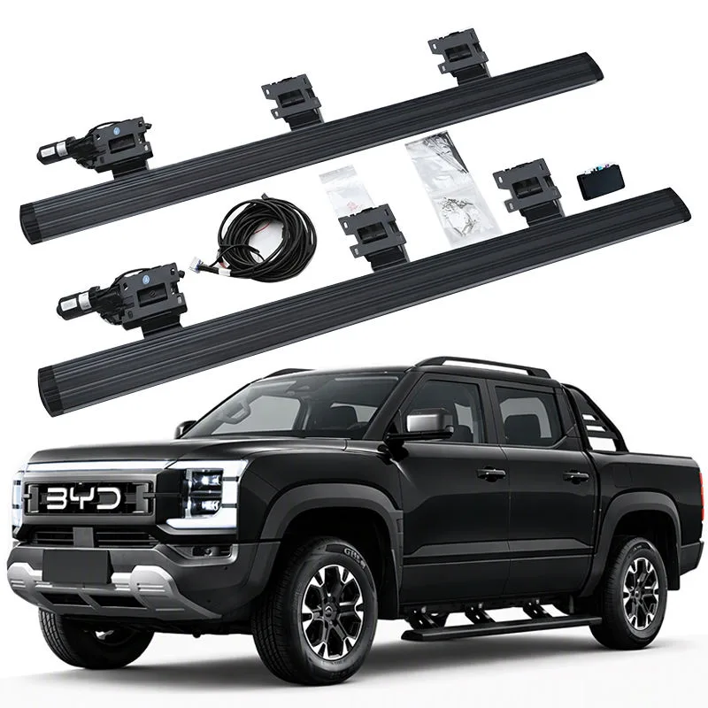 Complete hardware kit for BYD Shark 6 Electric Side Steps, including two running boards, dual motors, mounting brackets, wiring harness, and manual, displayed above a black BYD Shark 6 pickup truck.