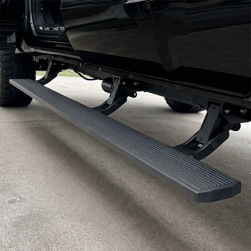 Detailed side view of a black BYD Shark 6 with the front door open, showcasing the fully deployed BYD Shark 6 Electric Side Steps. The image highlights the anti-slip step surface, heavy-duty folding hinge mechanism, and undercarriage clearance from a low angle.