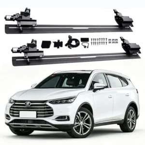 Complete hardware kit for BYD Tang Electric Side Steps, including two running boards, dual motors, mounting brackets, wiring harness, and hardware, displayed above a white BYD Tang SUV.