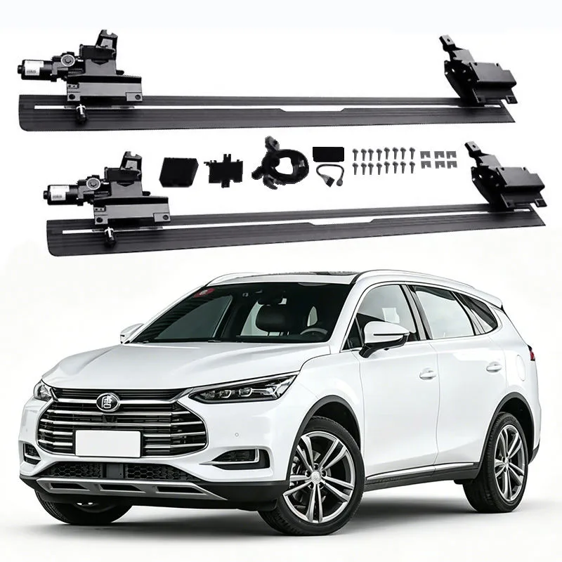 Complete hardware kit for BYD Tang Electric Side Steps, including two running boards, dual motors, mounting brackets, wiring harness, and hardware, displayed above a white BYD Tang SUV.
