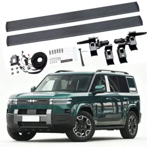 Complete hardware kit for BYD Ti 7 Electric Side Steps, including two running boards, dual motors, mounting brackets, wiring harness, and hardware, displayed above a dark green SUV.