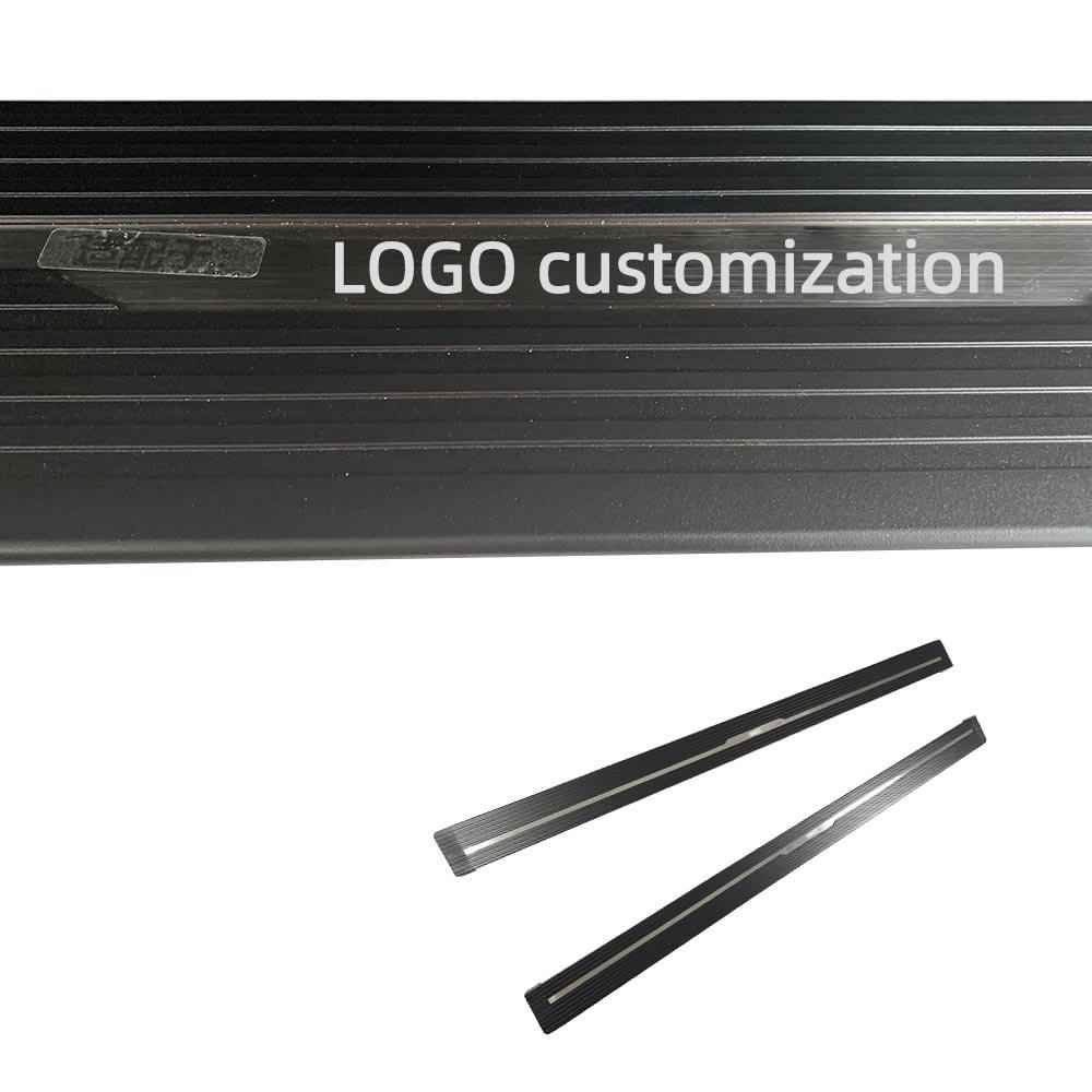 Close-up of the customizable logo area on Mercedes-Benz Sprinter Electric Running Boards, with two separate step panels displayed below on a white background.