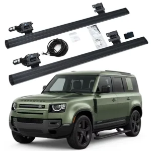 Defender 110 Electric Side Steps complete kit with running boards, motors, mounting brackets, wiring harness, and control module, shown with a green Defender 110.