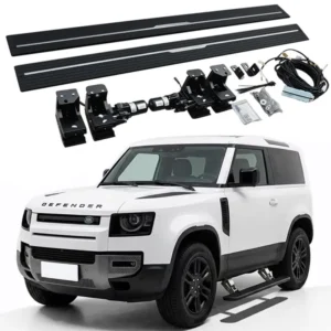 Defender 90 Electric Side Steps complete kit with running boards, motors, mounting brackets, wiring harness, and switches, shown with a white Defender 90.