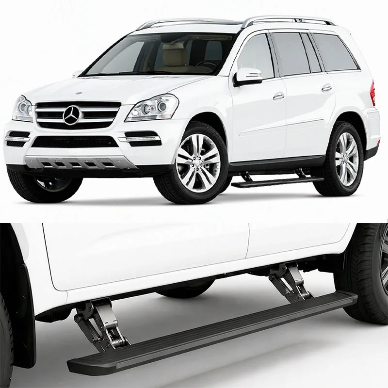 White Mercedes-Benz GL featuring fully extended electric running boards, with a bottom close-up view detailing the heavy-duty deployment hinge mechanism.