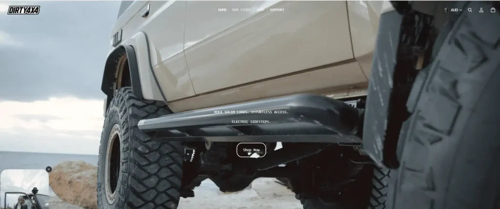 DirtyBars homepage showcasing rugged electric sidesteps on an off-road vehicle, featuring automatic running board suppliers for 4x4 trucks.