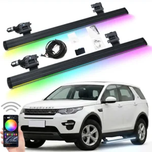Discovery Sport Electric Side Steps complete RGB kit with motors, brackets, wiring harness, control module, and smartphone app for color adjustment.