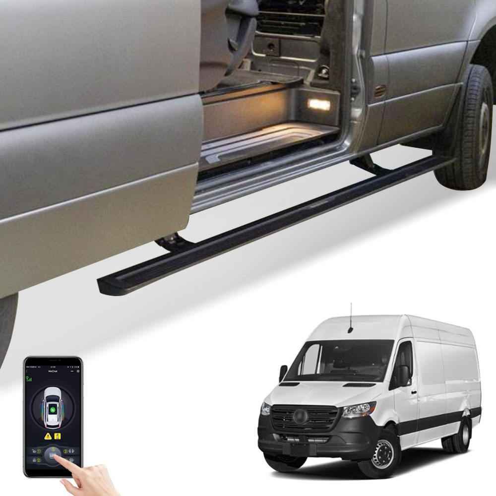 Open door view of a silver van showing the fully extended Mercedes-Benz Sprinter Electric Running Boards, with a hand using the smartphone app control interface.