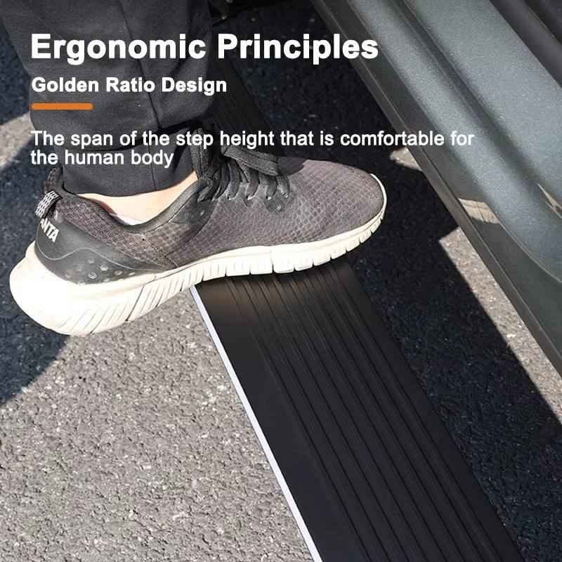 Close-up of a foot stepping onto a deployed Mercedes-Benz V-Class Electric Running Board, highlighting the ergonomic golden ratio design for comfortable entry.