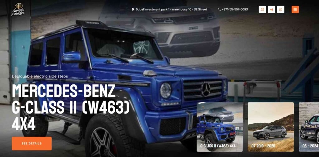 Gangsta Cars Dubai homepage displaying a blue Mercedes-Benz G-Class with text "Deployable electric side steps" and "Mercedes-Benz G-Class II (W463) 4x4" - Mercedes Electric Running Boards suppliers.