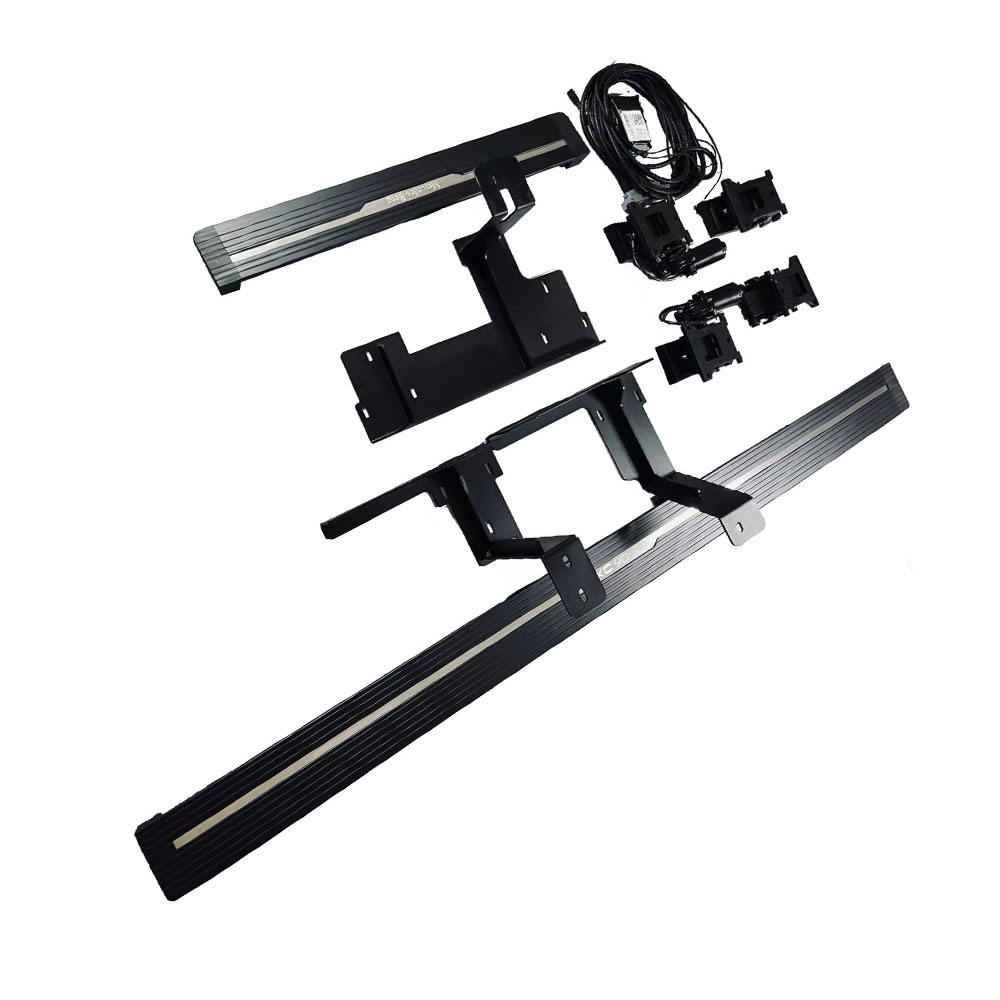Isolated hardware kit for Mercedes-Benz Sprinter Electric Running Boards on a white background, featuring two step panels, heavy-duty mounting brackets, motors, and wiring.