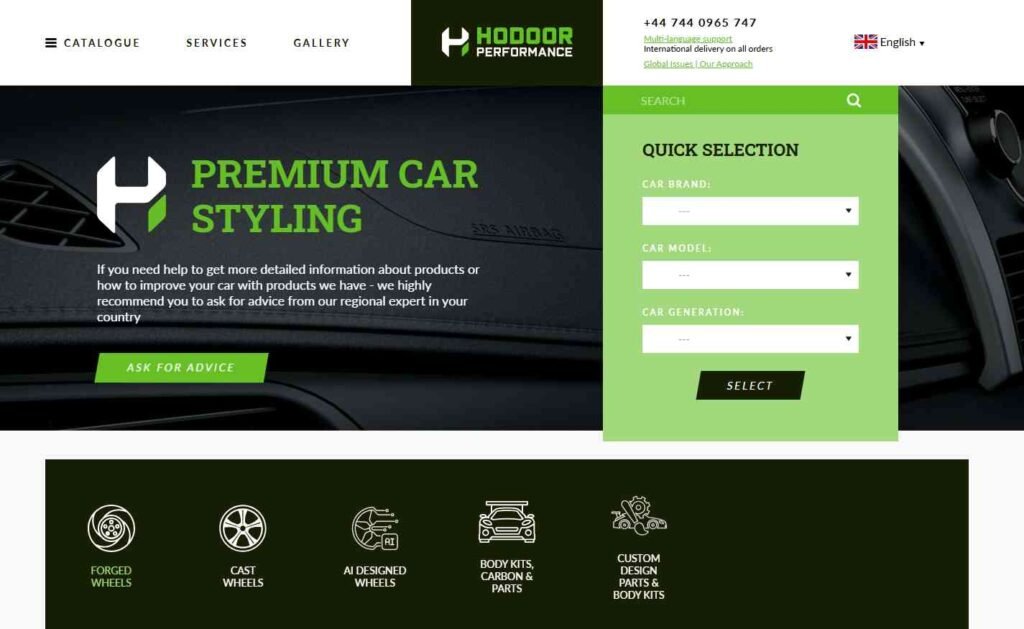 Hodoor Performance homepage with text "Premium Car Styling" and a "Quick Selection" tool for car brands, models, and generations - Mercedes Electric Running Boards suppliers.