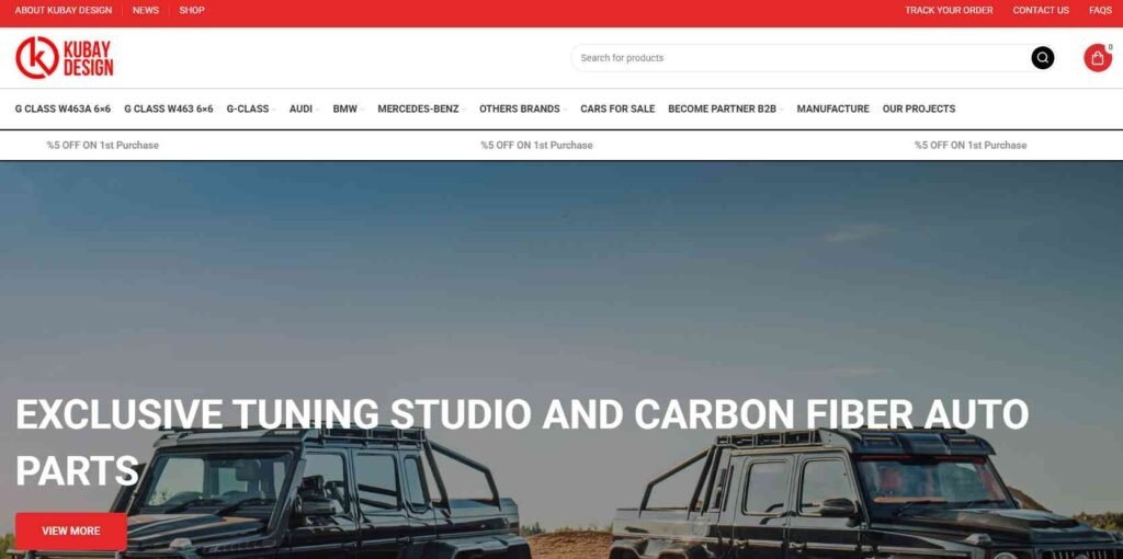 Kubay Design exclusive tuning studio homepage showing a G-Class 6x6 with text "Exclusive Tuning Studio and Carbon Fiber Auto Parts" - Mercedes Electric Running Boards suppliers.