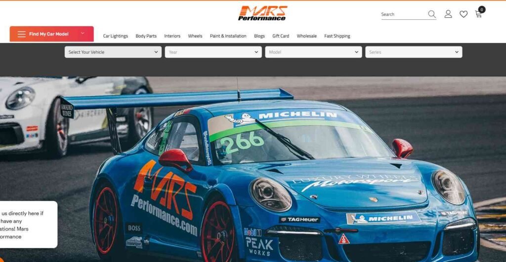 Mars Performance homepage featuring a blue Porsche race car with a "Find My Car Model" vehicle selector tool - Mercedes Electric Running Boards suppliers.
