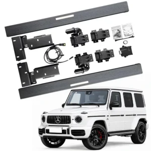 Complete installation kit for Mercedes-AMG G63 Electric Running Boards, including two side steps, motors, mounting brackets, and wiring harness, displayed above a white G63 SUV.
