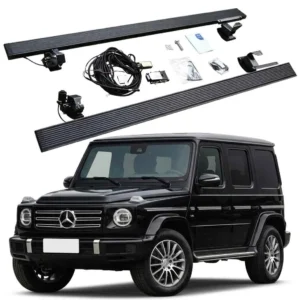 Complete installation kit for Mercedes-Benz G500 Electric Running Boards, including two side steps, motors, wiring harness, and mounting brackets, displayed above a black G-Class SUV.