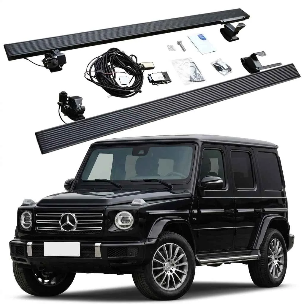 Complete installation kit for Mercedes-Benz G500 Electric Running Boards, including two side steps, motors, wiring harness, and mounting brackets, displayed above a black G-Class SUV.