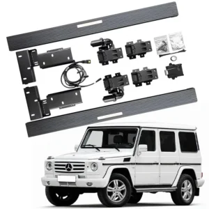 Complete installation kit for Mercedes-Benz G550 Electric Running Boards, including two side steps, motors, mounting brackets, and wiring harness, displayed above a white G-Class SUV.
