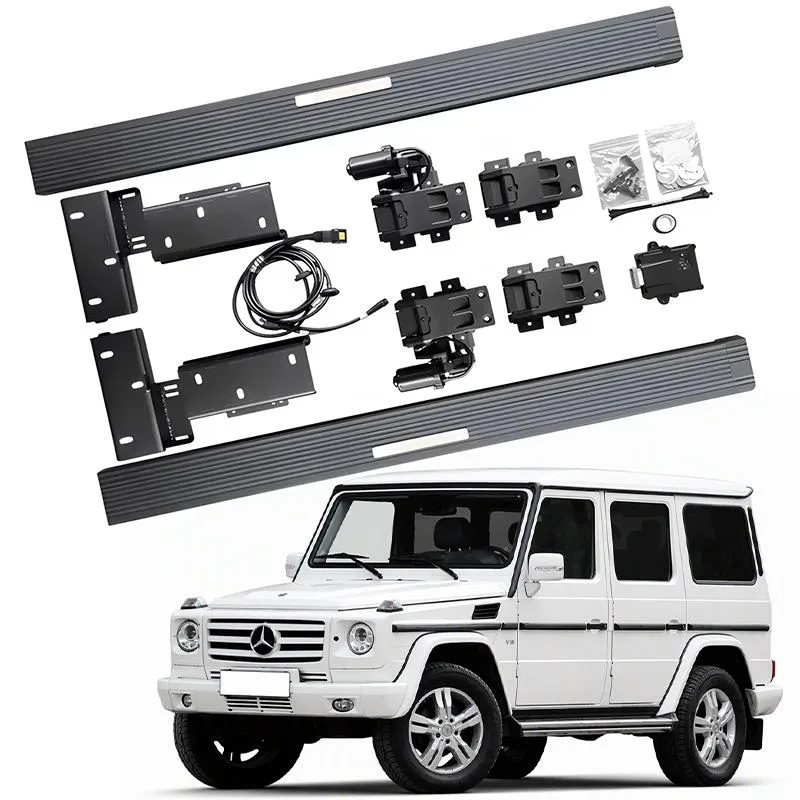 Complete installation kit for Mercedes-Benz G550 Electric Running Boards, including two side steps, motors, mounting brackets, and wiring harness, displayed above a white G-Class SUV.