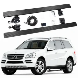 Complete installation kit for Mercedes-Benz GL Electric Running Boards, including two side steps, motors, mounting brackets, and wiring harness, displayed above a white GL SUV.