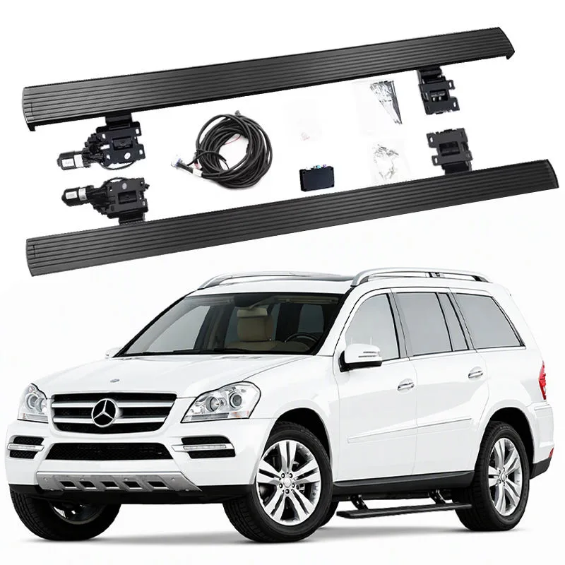 Complete installation kit for Mercedes-Benz GL Electric Running Boards, including two side steps, motors, mounting brackets, and wiring harness, displayed above a white GL SUV.