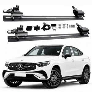 Complete installation kit for Mercedes-Benz GLC electric running boards, including motors, brackets, and hardware, displayed above a white GLC Coupe.