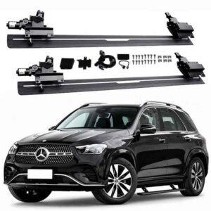 Complete installation kit for Mercedes-Benz GLE Electric Running Boards including motors, mounting brackets, and wiring, displayed above a black GLE SUV.