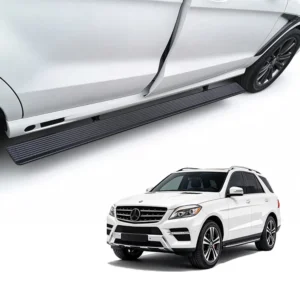 A white SUV featuring retracted Mercedes-Benz ML Electric Running Boards, with a top close-up view showing the textured side step design.