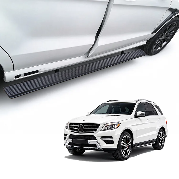 A white SUV featuring retracted Mercedes-Benz ML Electric Running Boards, with a top close-up view showing the textured side step design.