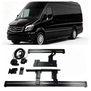 Complete installation kit for Mercedes-Benz Sprinter Electric Running Boards, including two side steps, mounting brackets, motors, and wiring harness, displayed below a black Sprinter van.