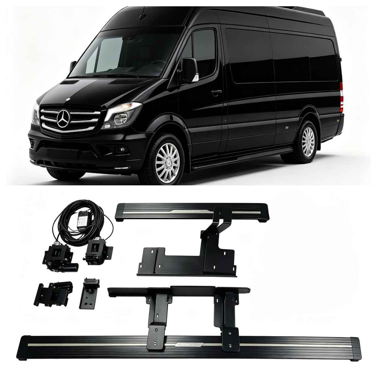 Complete installation kit for Mercedes-Benz Sprinter Electric Running Boards, including two side steps, mounting brackets, motors, and wiring harness, displayed below a black Sprinter van.