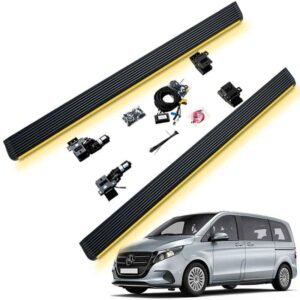 Complete installation kit for Mercedes-Benz V-Class Electric Running Boards, including two black side steps with yellow LED strips, motors, wiring, and hardware, displayed above a silver V-Class van.