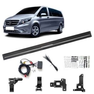 Complete installation kit for Mercedes-Benz VITO Electric Running Boards, including the side step, motor, mounting brackets, wiring harness, and hardware, displayed below a silver VITO van.