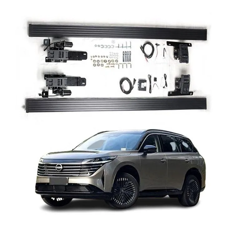 Complete Nissan Pathfinder Power Running Boards installation kit featuring two side steps, motors, mounting brackets, wiring harness, and hardware, shown above a dark grey SUV.