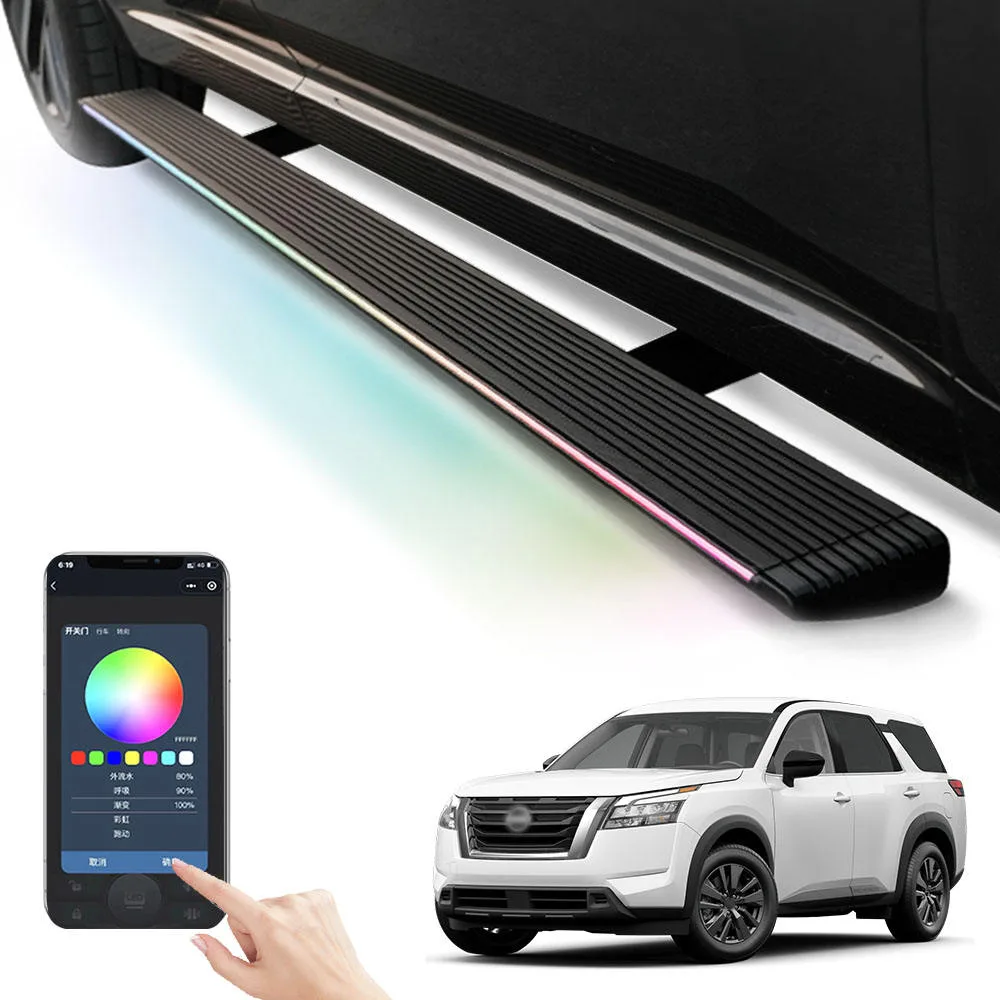 issan Pathfinder Power Running Boards installed on a vehicle, featuring a multi-color RGB LED light strip controlled by a smartphone app with a color wheel interface.