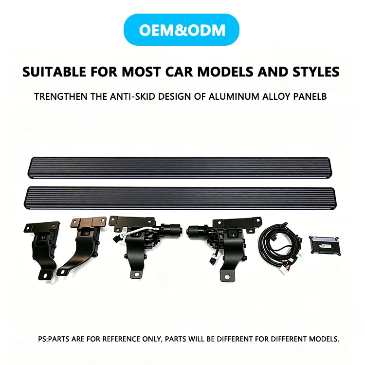 Complete OEM and ODM installation kit for Mercedes-Benz ML Electric Running Boards, including two anti-skid aluminum panels, mounting brackets, motors, and wiring harness.