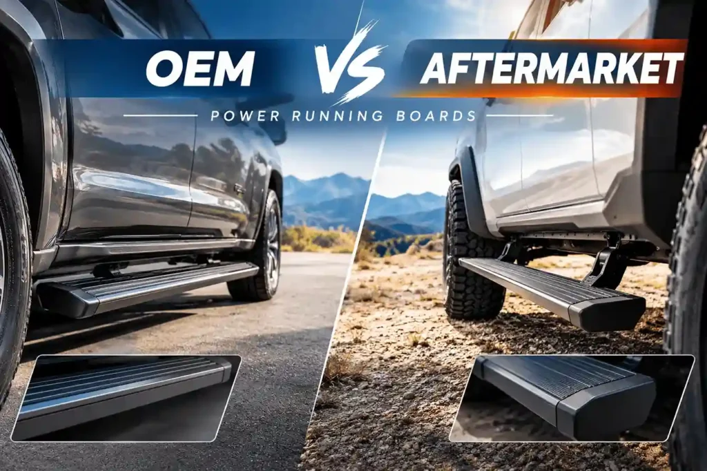 Comparison of OEM vs Aftermarket Power Running Boards, showing deployed side steps on trucks in both on-road and off-road environments.