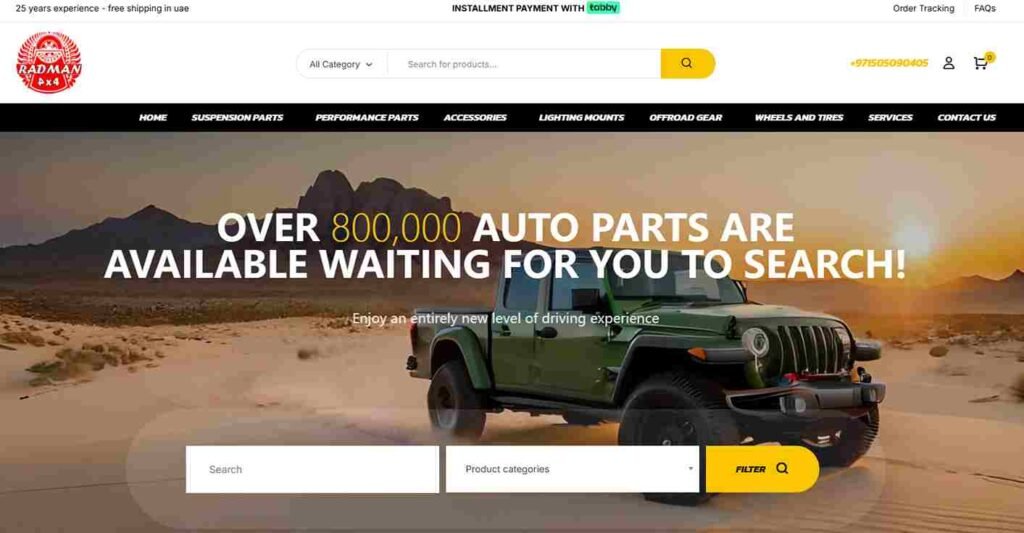 Radman 4x4 website banner showcasing a green Jeep in the desert, advertising over 800,000 auto parts and establishing their reputation as reliable Jeep electric running boards suppliers and offroad gear specialists.